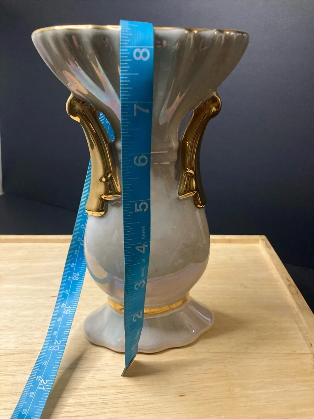 Iridescent Light Blue Ceramic Vase with Gold Accents